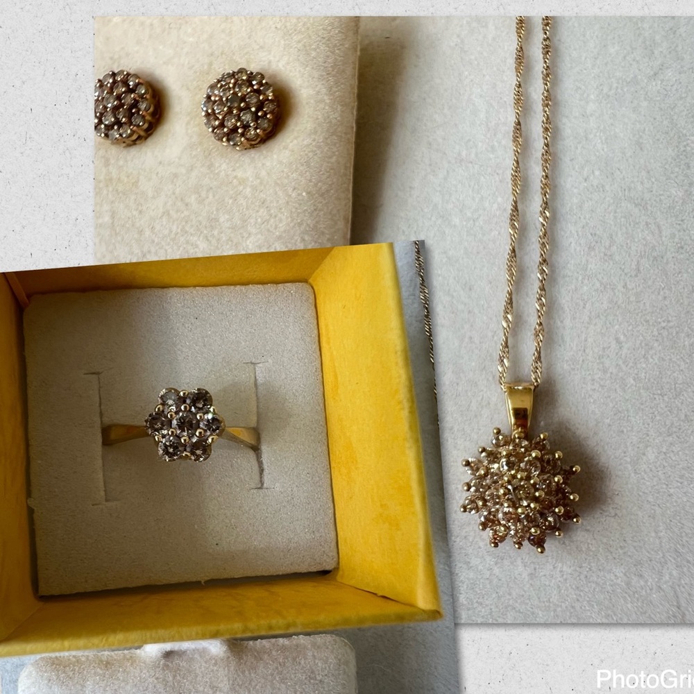10k solid Gold flower cluster jewelry set